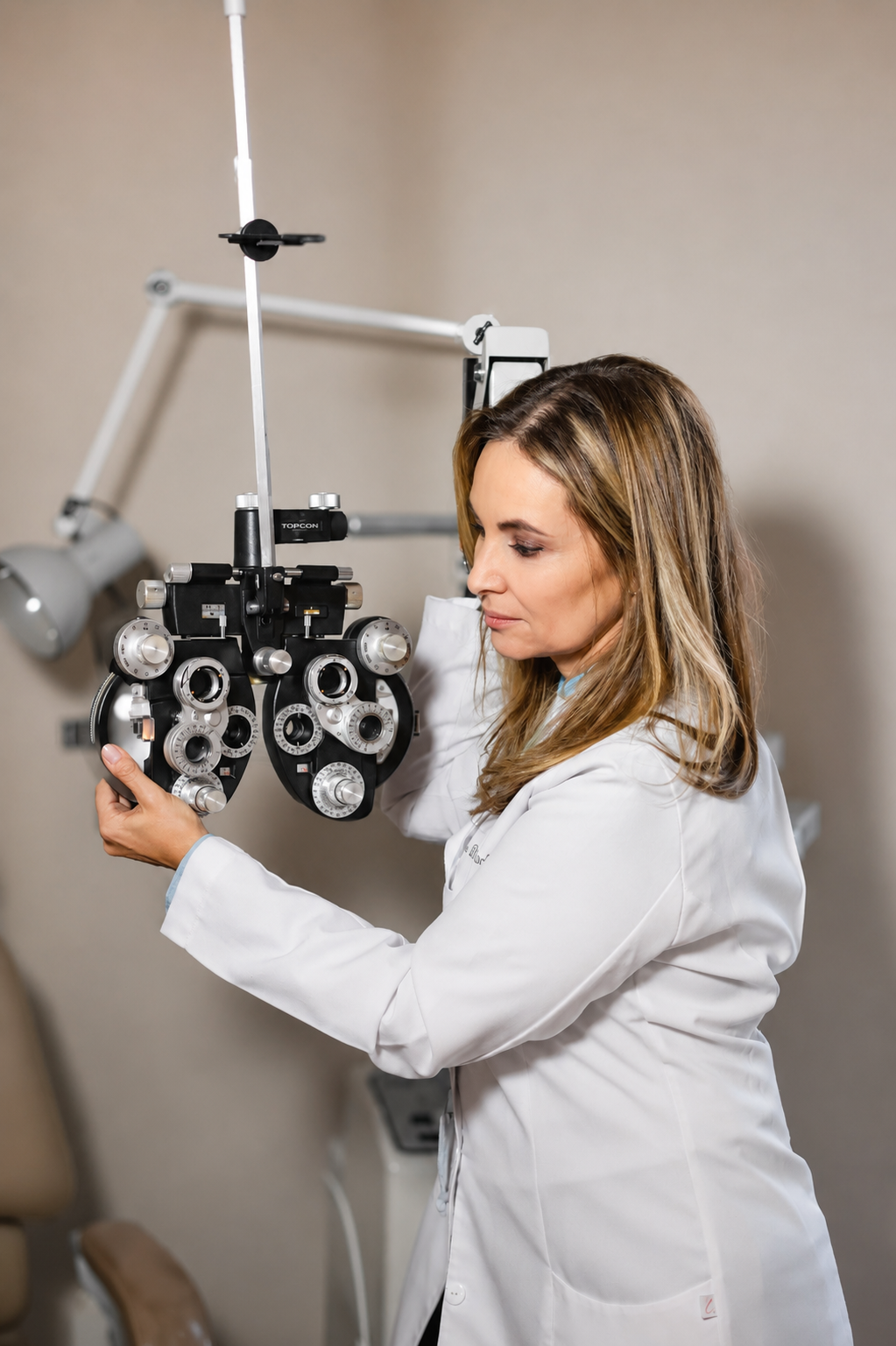Dra. Diane Marinho durante exame oftalmológico em consultório